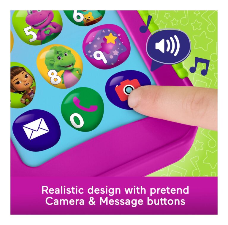 Children's toy phone with colorful buttons and a finger pressing a button on a blue and green background.
