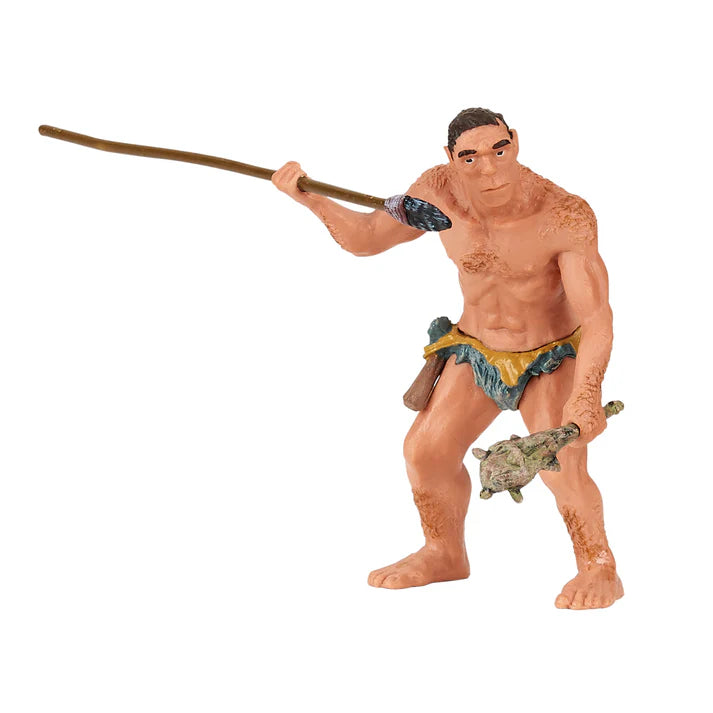 Figure of a caveman holding a spear on a white background