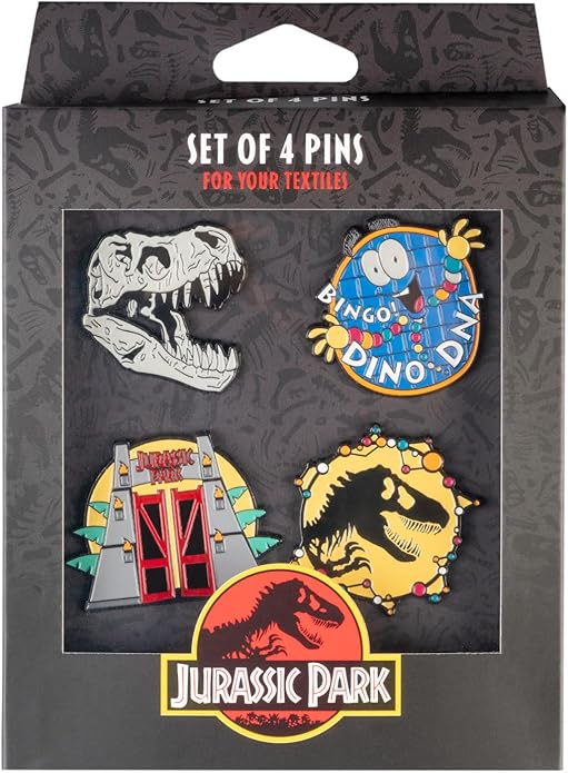 Set of 4 Jurassic Park-themed pins in packaging