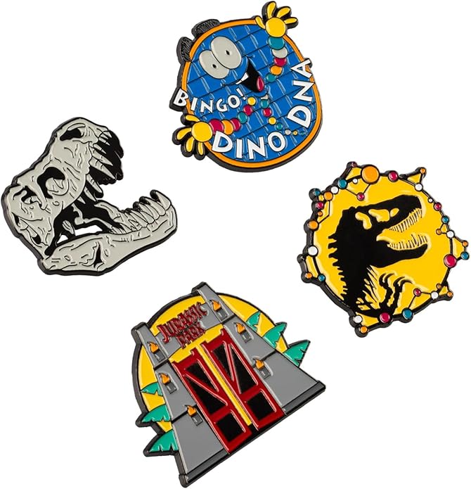 Set of four colorful pins featuring dinosaur-themed designs on a white background.