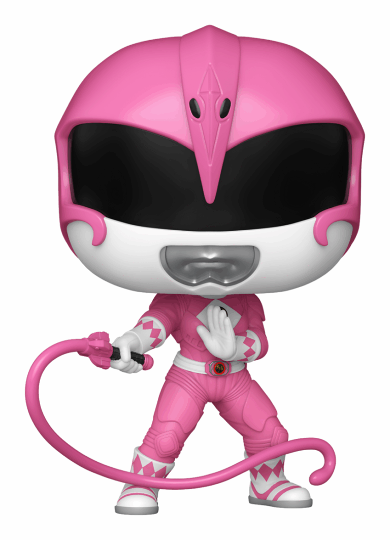 Pink Power Ranger figurine with helmet and costume on a white background