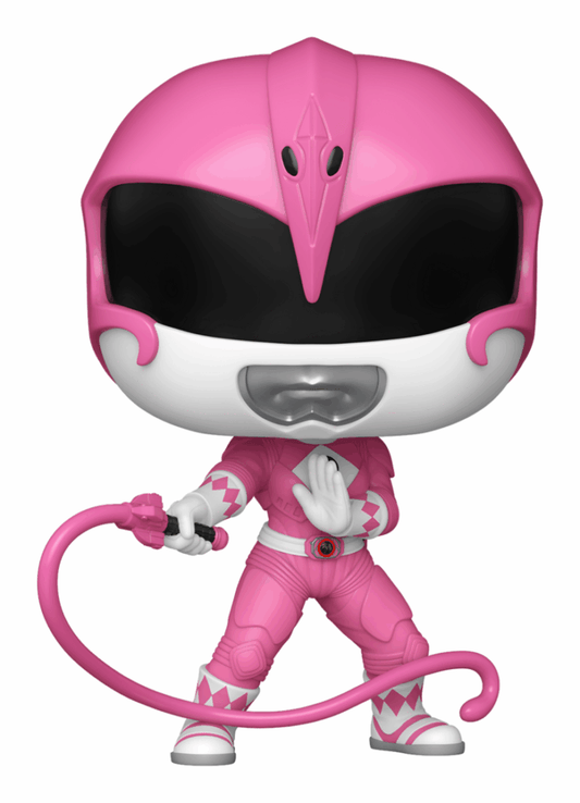 Pink Power Ranger figurine with helmet and costume on a white background