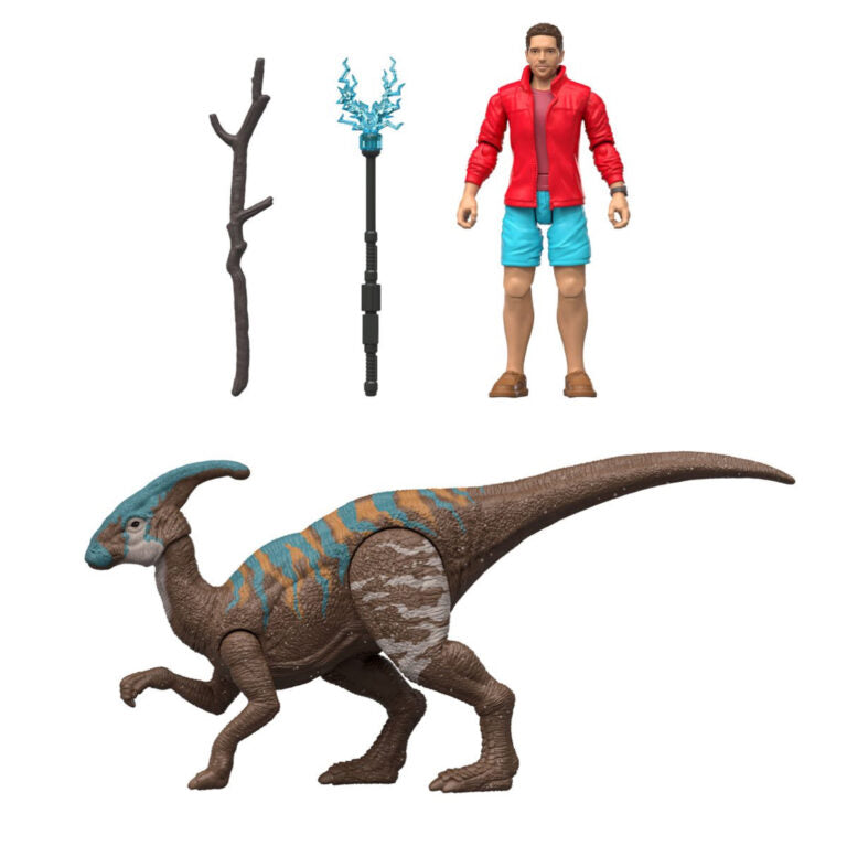 Action figure of a dinosaur, person, and two props on a white background