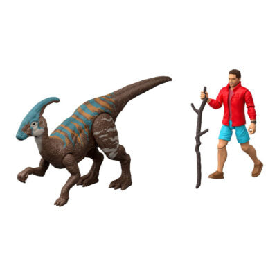 Toy dinosaur and figure of a person with a red jacket on a white background