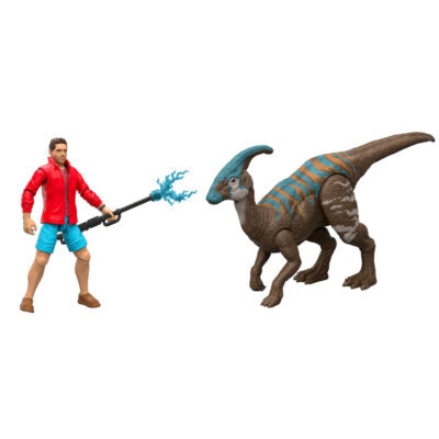 Toy figure of a person with a weapon and a dinosaur-like creature on a white background