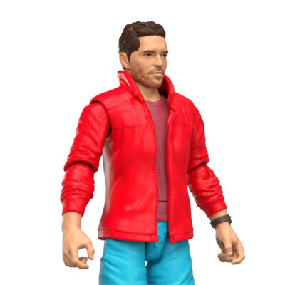 Action figure wearing a red jacket and blue pants on a white background