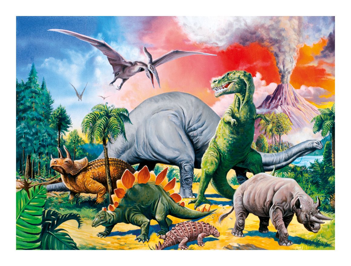 Colorful illustration of various dinosaurs in a prehistoric landscape with trees and a volcano.