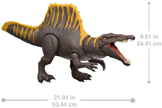 Spinosaurus dinosaur toy figure with measurements on a white background