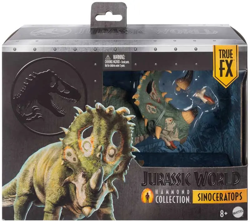Jurassic World Hammond Collection Sinoceratops toy figure packaging with dinosaur illustration.