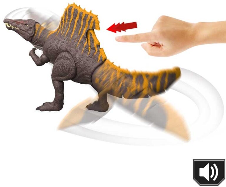 Toy dinosaur with a hand pointing to it, indicating interaction.