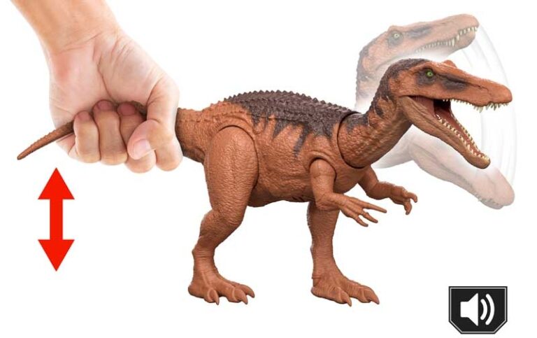 Toy dinosaur with a hand pulling on its tail, set against a white background.