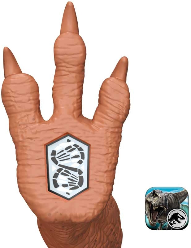 Toy dinosaur hand with a logo on a white background