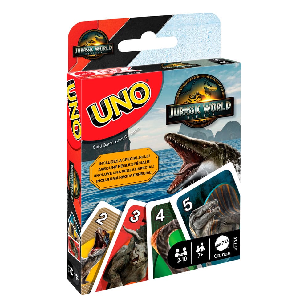 UNO Jurassic World card game packaging with dinosaur illustrations on a white background
