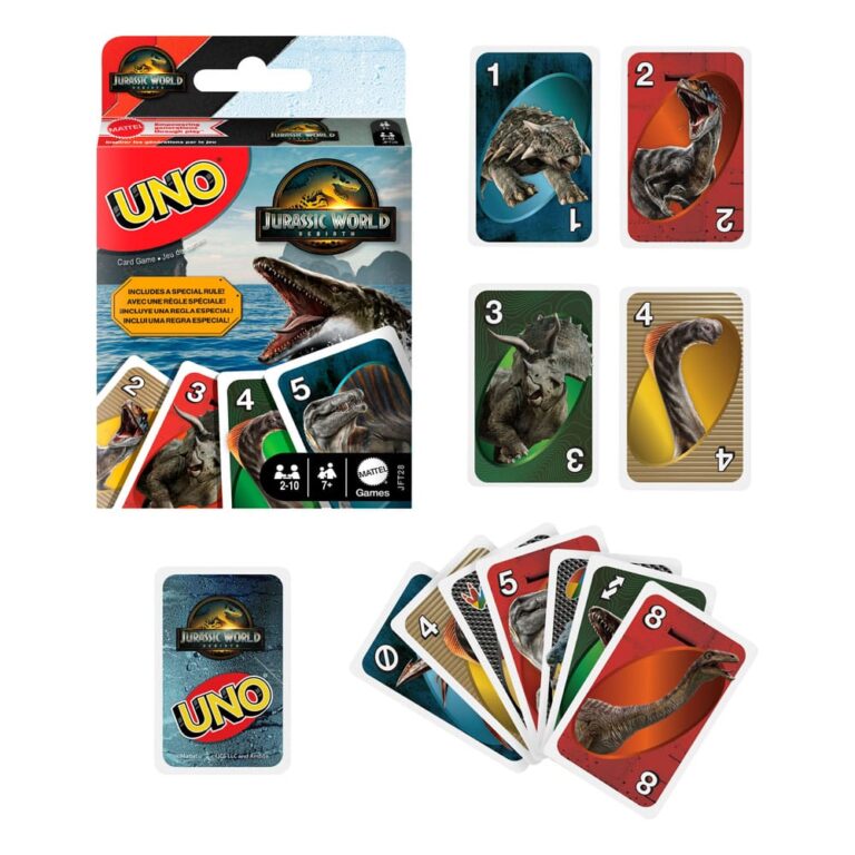 UNO Jurassic World card game packaging and cards on a white background