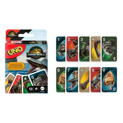 UNO Jurassic World card game set with packaging on a white background