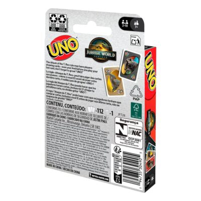 UNO card game packaging with Jurassic World theme on a white background