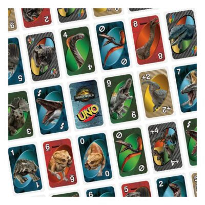 UNO card game with dinosaur-themed cards on a white background