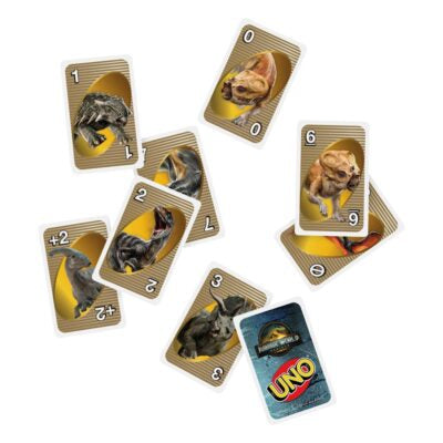 Set of UNO cards featuring dinosaur illustrations on a white background