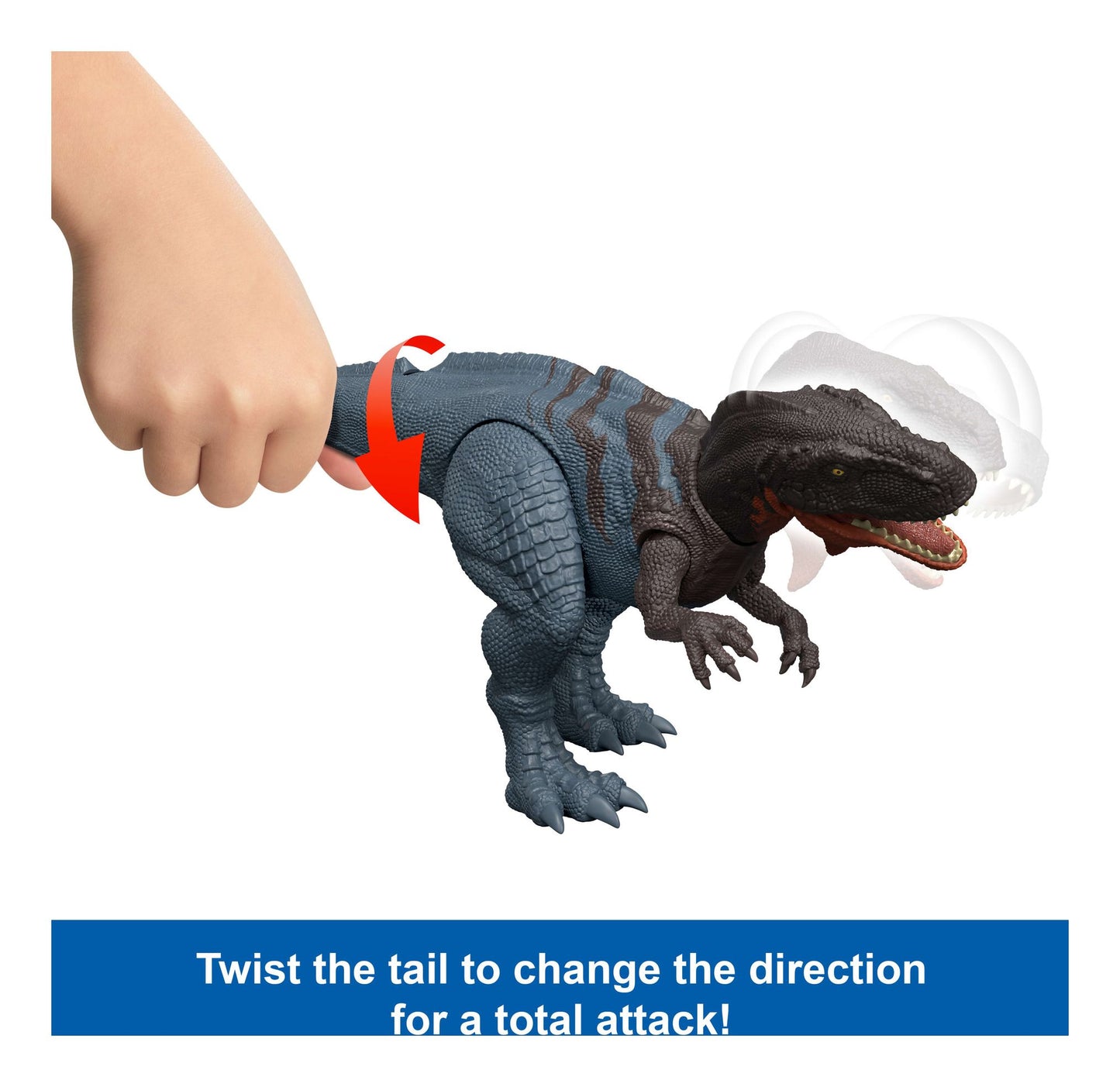 Toy lizard with a hand twisting its tail on a white background