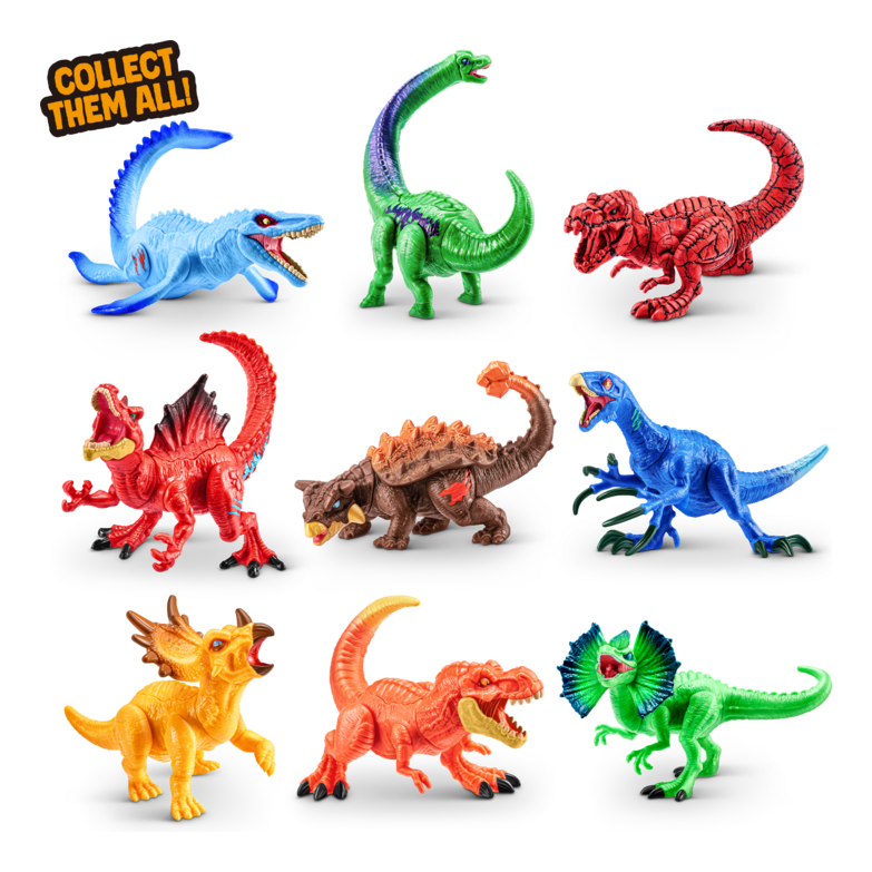 Set of colorful dinosaur toy figures on a white background with 'Collect Them All!' text.