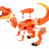 Orange toy dinosaur figure with a small blue creature on top against a white background